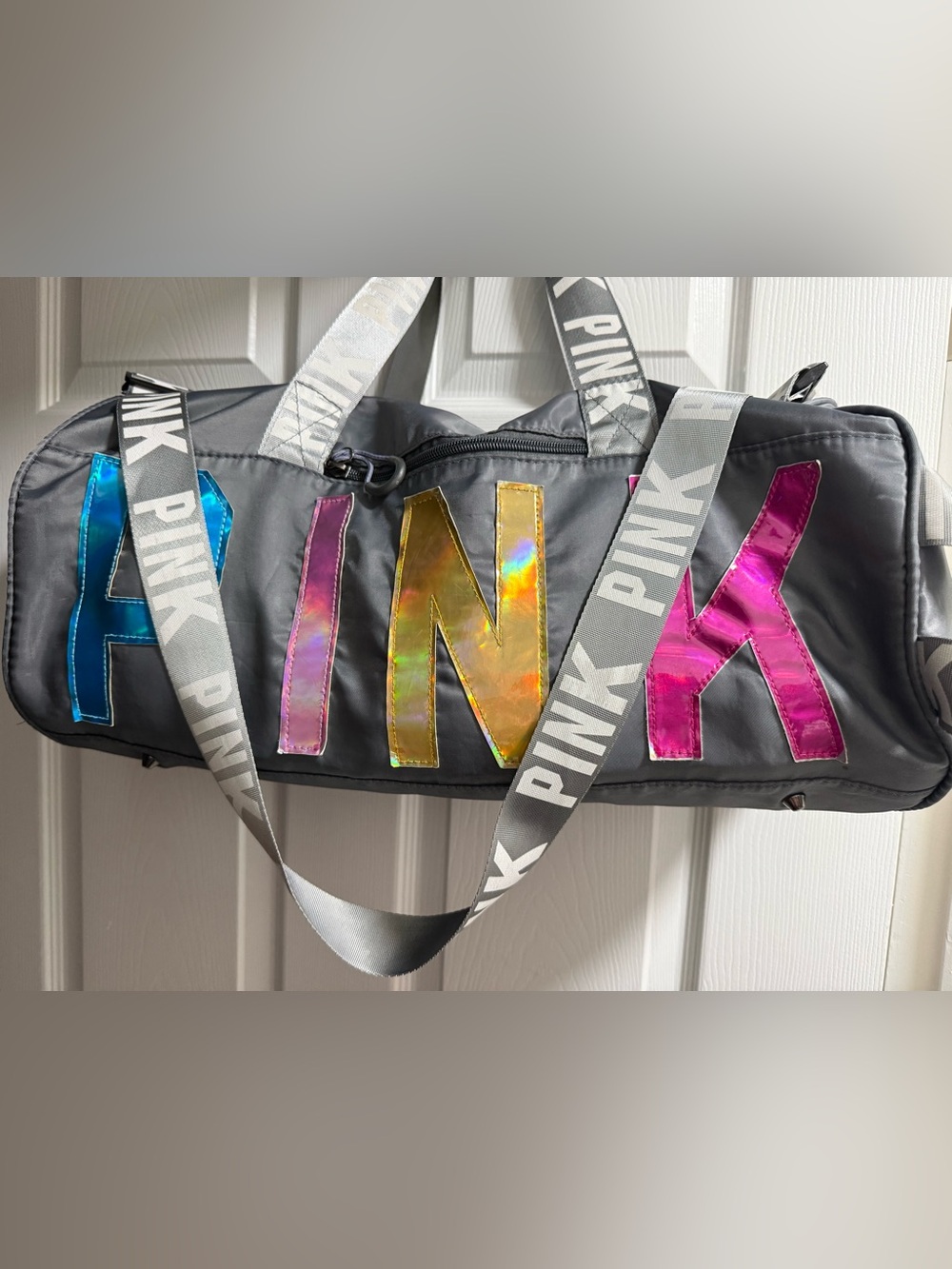 VS pink duffle/gym bag Metallic Holographic Letters, Gray With Blue Pink Yellow